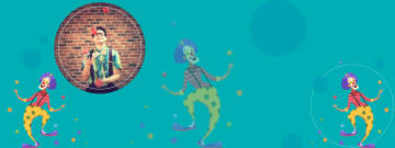 Grafika przedstawia kolorowego klowna żonglującego kolorowymi piłeczkami