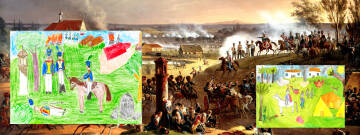 grafika przedstawia obraz Suchodolskiego Bitwa pod Raszynem 1809, na obrazie umiejscowione są dwa obrazki namalowane przez dzieci bitwy
