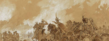 Grafika przedstawia pole bitwy. Na pierwszym planie widać żołnierzy na koniach, w tle widać płomienie i kurz