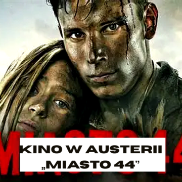Grafika przedstawia głównych bohaterów filmu „Miasto 44” – młodą parę powstańców warszawskich, ukazanych w dramatycznym ujęciu, z twarzami zabrudzonymi walką i emocjami. Dominują ciemne, przytłumione barwy, podkreślające brutalność wojny i napięcie. Na do
