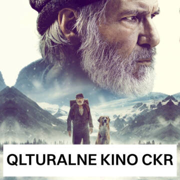 Grfika przedstawia starszego brodatego mężczyznę z psem na tle zaśnieżonych gór
