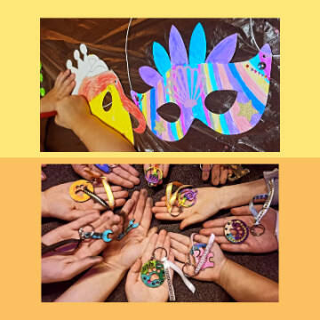 Obrazek podzielony na dwie części. Na górze widać kolorowe, papierowe maski, na dole widać wyciągnięte dłonie dzieci, na których leżą kolorwoe breloczki