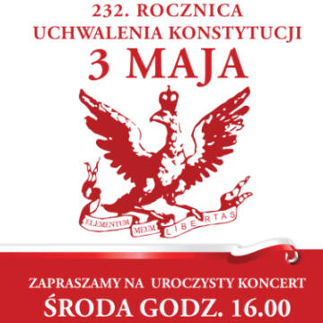Grafika biało-czerwona. Na grafice na środku znajduje się narysowany orzeł oraz informacje o koncercie