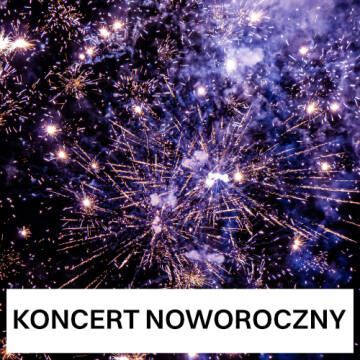 Grafika przedstawia nocne niebo z kolorowymi fajerwerkami