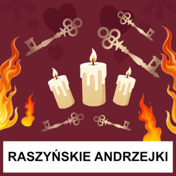 Plakat przedstawia żółty napis Andrzejki, niżej jest napisane raszyńskie angrzejki, w tle widać świeczki, klucze, ogień