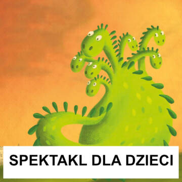 Grafika przedstawia narysowanego smoka z siedmioma głowami. Smok zielony na pomarańczowym tle