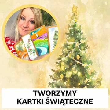 Grafika świąteczna, z choinką i zdjęciem uśmiechniętej kobiety trzymającej kartki świąteczne