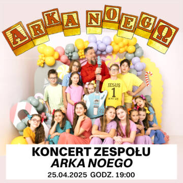 Grafika przedstawia zespół Arka Noego na tle ścianki z balonów, a u góry jes napis z drewnianych klocków ,,Arka Noego''