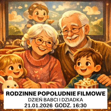 Grafika przedstawia dziadka i babcię oraz ich wnuki siedzących razem na kanapie grafika jest animowana i nzachowana w ciepłych tonach