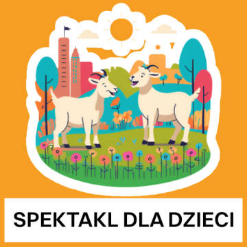 Grafika przedstawia dwa roześmiane koziołki na tle kolorowych budynków i słońca
