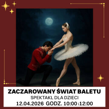 Grafika przedstawia stojącą baletnicę a przed dnią klęczy mężczyna. Grafika zachowana jest w ciemnym klimacie w  tle widać wodę oraz księżyc.
