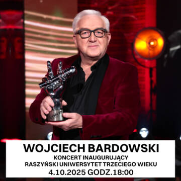 Grafika przedstawia Wojciecha Bardowskiego z statuetka The Voice Senior.