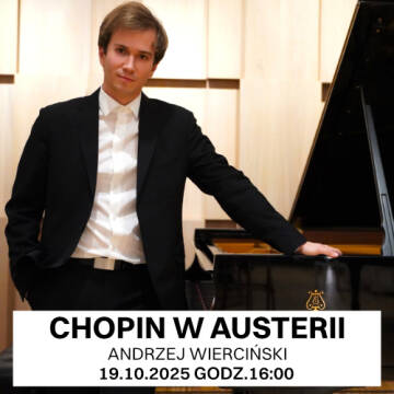 Grafika przedstawia Andrzeja Wiercińskiego stojącego przy fortepianie.