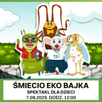 Grafika bajkowa, przedstawia czterech bohaterów bajki: szczurka, karalucha, muchy i gąsienicy. Wszyscy stoją na kamieniach na tle zielonych drzew