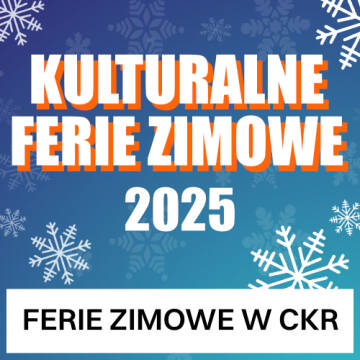 Niebieskie tło z białymi śnieżynkami z napisem kulturalne ferie zimowe 2025