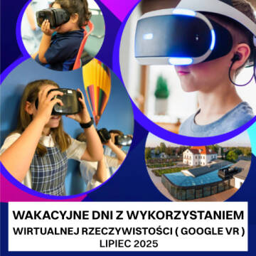Grfika przedstawia dzieci z googlami VR na oczach oraz budynek Austerii.