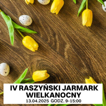 Grafika przedstawia tulipany i jajaka Wielkanocne na tle brązowego drewna.