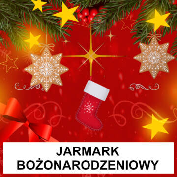 Grafika w kolorze czerwonym, na grafice widoczne są skarpeta mikołajowa, gałązki choinki, świecące gwiazdki 