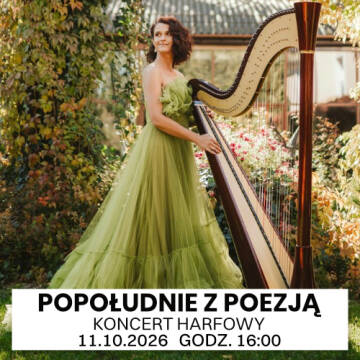 grafika przedstawia kobietę stojącą przy harfie 