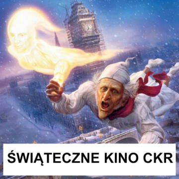 Grafika przedstawia lecącego ponad miastem starca z pochodnią 