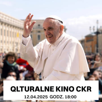 Grafika przedstawia Papieża Franciszka, który wita sie z widocznym w tle tłumem ludzi.