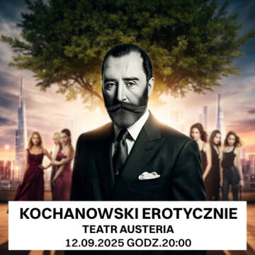 Grafika przedstawia czarno-białe zdjęcie Jana Kochanowskigo na tle miasta i kobiet.