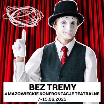 Grafika przedstawia mężczyznę pomalowanego na postać mima a w tle widac czerwoną konarę sceniczną.
