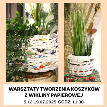 Grafika przedstawia koszyki, które będą tworzone na warsztatach jako doniczki z kwiatkami