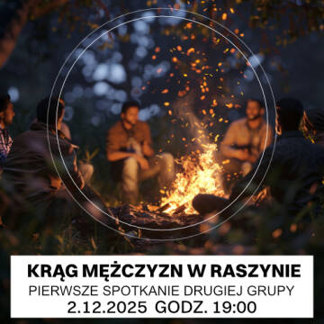 grafika przedstawia mężcyzn siedzących dookoła ogniska
