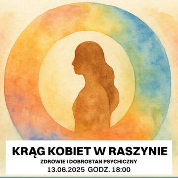 Grafika w stylu akwarelowym. Przedstawia zarys kobiety stojącej bokiem z długimi, falowanymi wlosami w okręgu. 