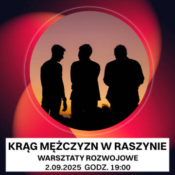 Grafika przedstawia cienie mężczyzn odwróconych tyłem na tle zachodzącego słońca. 