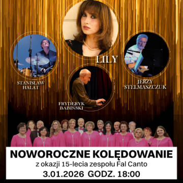 grafika przedstawia zespół muzyczny w różowych sukienkach oraz muzyków, grających na instrumentach