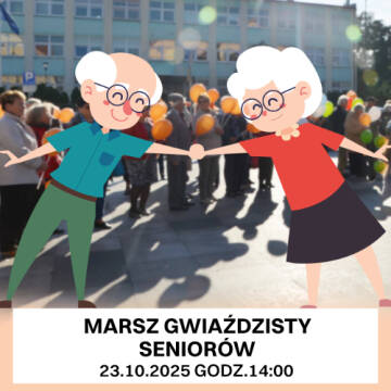 Grafika przedstawia dwóch seniorów kobietę oraz mężczyznę w kreskówkowej wersji a w tle widać urząd gminy Raszyn oraz seniorów z balonami.