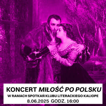 Grafika w kolorze fioletowo-różowym, przedstawia parę zakochanych, wtuloną w mężczyznę kobietę. Obraz na wzór renesansowych