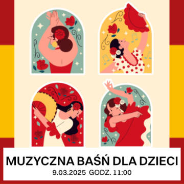 Kolorowy rysunek przedstawiający cztery okna, a w nich tanczące Hiszpanki