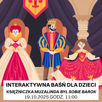 Grafika przedstawia rysunkową postać królowej, ksiecia oraz królewny w pałacu.