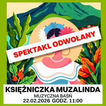 Grafika przedstawia kolorową ilustrację uśmiechniętej księżniczki z kwiatami we włosach, na tle gór, jeziora i bujnej roślinności w stylu baśniowo-ludowym.