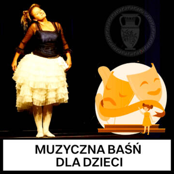 Grafika przedstawia aktorkę Muzalindę, która stoi na scenie oraz narysowane maski