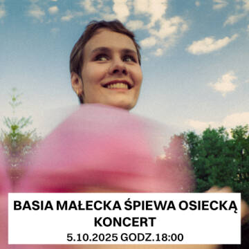 Grafika przedstawia Barbarę Małecką, która ma uśmiech na twarzy. W tle widać chmury, niebo oraz drzewa.