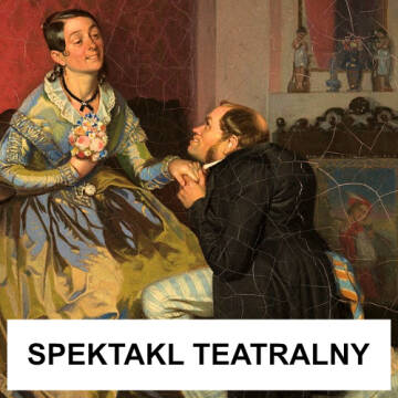 Obraz przedstawia mężczyznę klęczącego i trzymającego dłoń kobiety siedzącej naprzeciwko niego i zabiegającego o jej względy