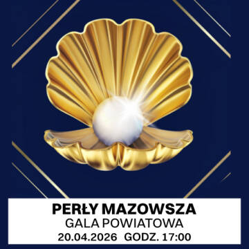 Grafika przedstawia eleganckie zaproszenie na galę „Perły Mazowsza”, na którym widnieje lśniąca perła w otwartej złotej małży na granatowym tle ze złotymi akcentami.