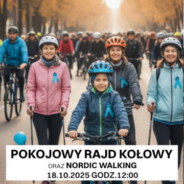 Grafika przedstawia ludzi w różnym wieku jadących na rowerze lub chodzących o kijkach w lesie.