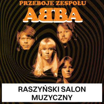 Grafika przedstawia wokalistów zespołu ABBA w kolorze pomarańczowym na czarnym tle