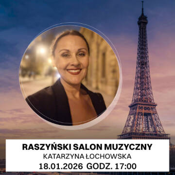 Grafika przedstawia Katarzynę Łochowska na tle zachodu słońca oraz wieży Eifla.