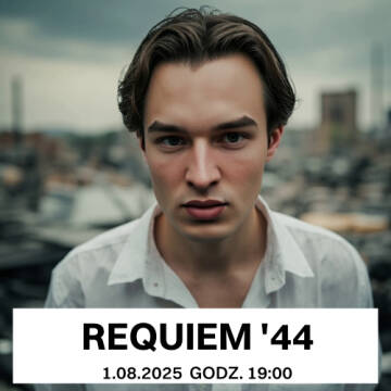 Grafika przedstawia modego pana na tle panoramy Warszawy