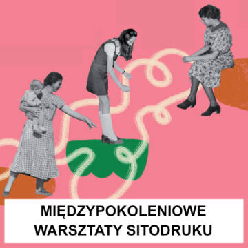 Plakat różowy, na plakacie umiejscowione są czarno-białe postaci kobiet i pomalowany zygzak, kojarzący się z nicią, pętelką