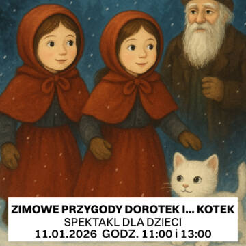 Grafika przedstawia dwie Dorototki, kotka oraz starszego pana w środku ciemnego lasu.