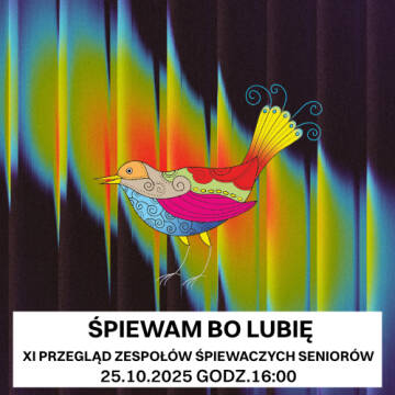 Grafika przestawia kolorowego rysunkowego ptaka na czarno - kolorowym tle.