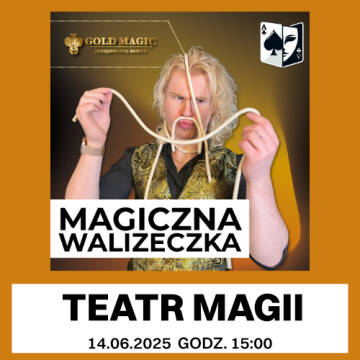 Grafika przedstawia mężczyznę robiącego sztuczki magiczne na pomarańczowo-czarnym tle.