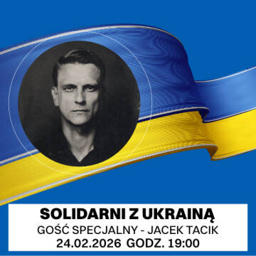Grafika przedstawia Jacka Tacika na tle powiewającej flagi ukrainy